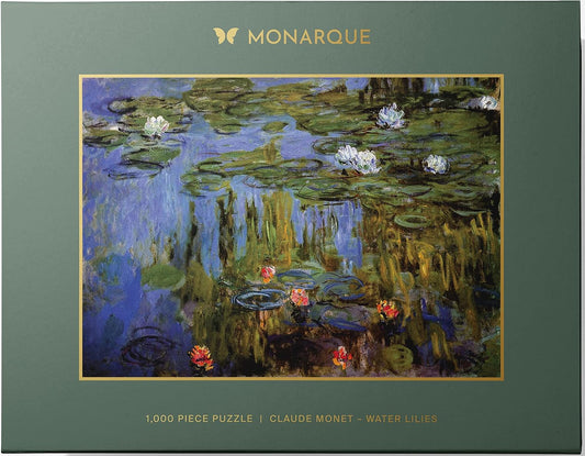 A jigsaw puzzle box featuring Claude Monet's 'Water Lilies' painting. The box is green with a gold foiled quote, a magnetic closure, and the Monarque brand logo.
Photo by Monarque [image_link]