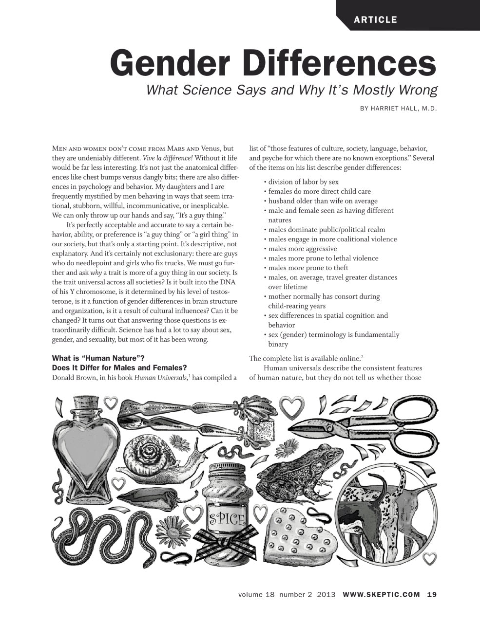 A printed article page titled 'Gender Differences: What Science Says and Why It's Mostly Wrong' by Gabrielle Hall, showing large black text, body paragraphs, a list, and a black-and-white line drawing of a woman's body with anatomical labels.
[additional_image_link]