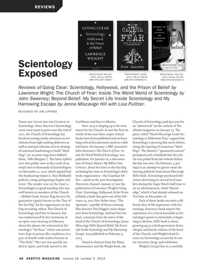 A scanned magazine review page from Skeptic Magazine, Volume 18, Number 2, titled 'Science fiction Exposed,' featuring multiple book reviews and small cover thumbnails for books including Going Clear, The Church of Fear, and Beyond Belief.
[additional_image_link]