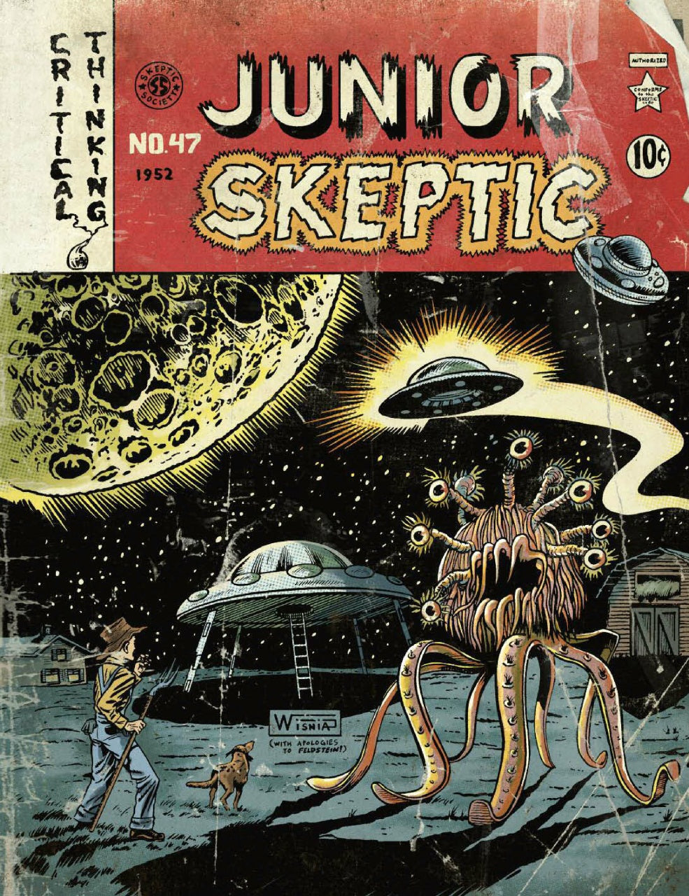Vintage comic book cover for Junior Skeptic No. 47 from 1952, featuring a red masthead area and illustrated sci-fi artwork of a moon, flying saucers, and a tentacled alien creature on a dark landscape.
[additional_image_link]