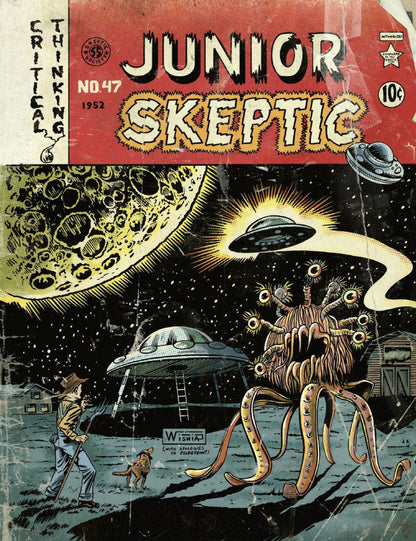 Vintage comic book cover for Junior Skeptic No. 47 from 1952, featuring a red masthead area and illustrated sci-fi artwork of a moon, flying saucers, and a tentacled alien creature on a dark landscape.
[additional_image_link]