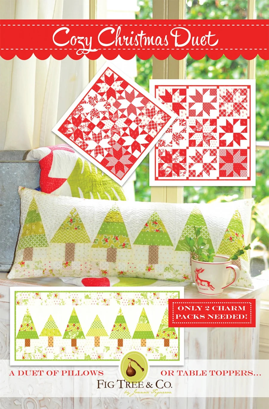 Cozy Christmas Duet quilting pattern cover by Fig Tree & Co., featuring red and white quilt block designs, green and white Christmas tree pillows, and a holiday-themed table topper design shown in a cozy indoor setting.
Photo by Fig Tree & Co. [image_link]