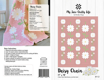 Front and back cover of a quilting pattern booklet titled 'Daisy Chain' by Heather Briggs, showing a finished quilt design, pattern instructions, and a pink sample sheet with white daisy motifs.
Photo by My Sew Quilty Life [image_link]