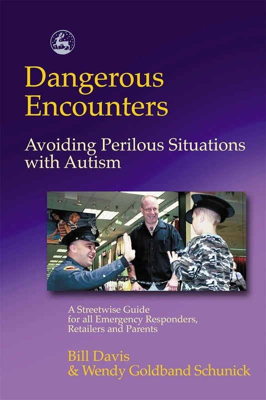 Cover of the book 'Dangerous Encounters: Avoiding Perilous Situations with Autism' showing two adults and a child with autism. The child is in the center, and the adults are on either side, with the title text at the top.
Photo by Karen King [image_link]