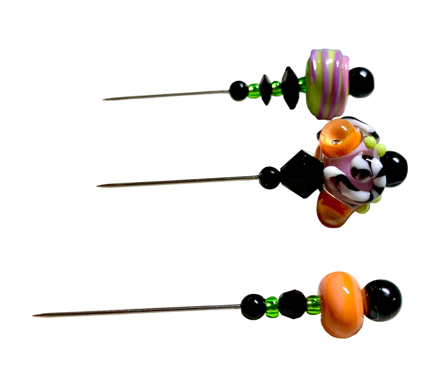 Three handmade beaded sewing pins with colorful glass beads and spider-themed accents, displayed on a white background.
[additional_image_link]
