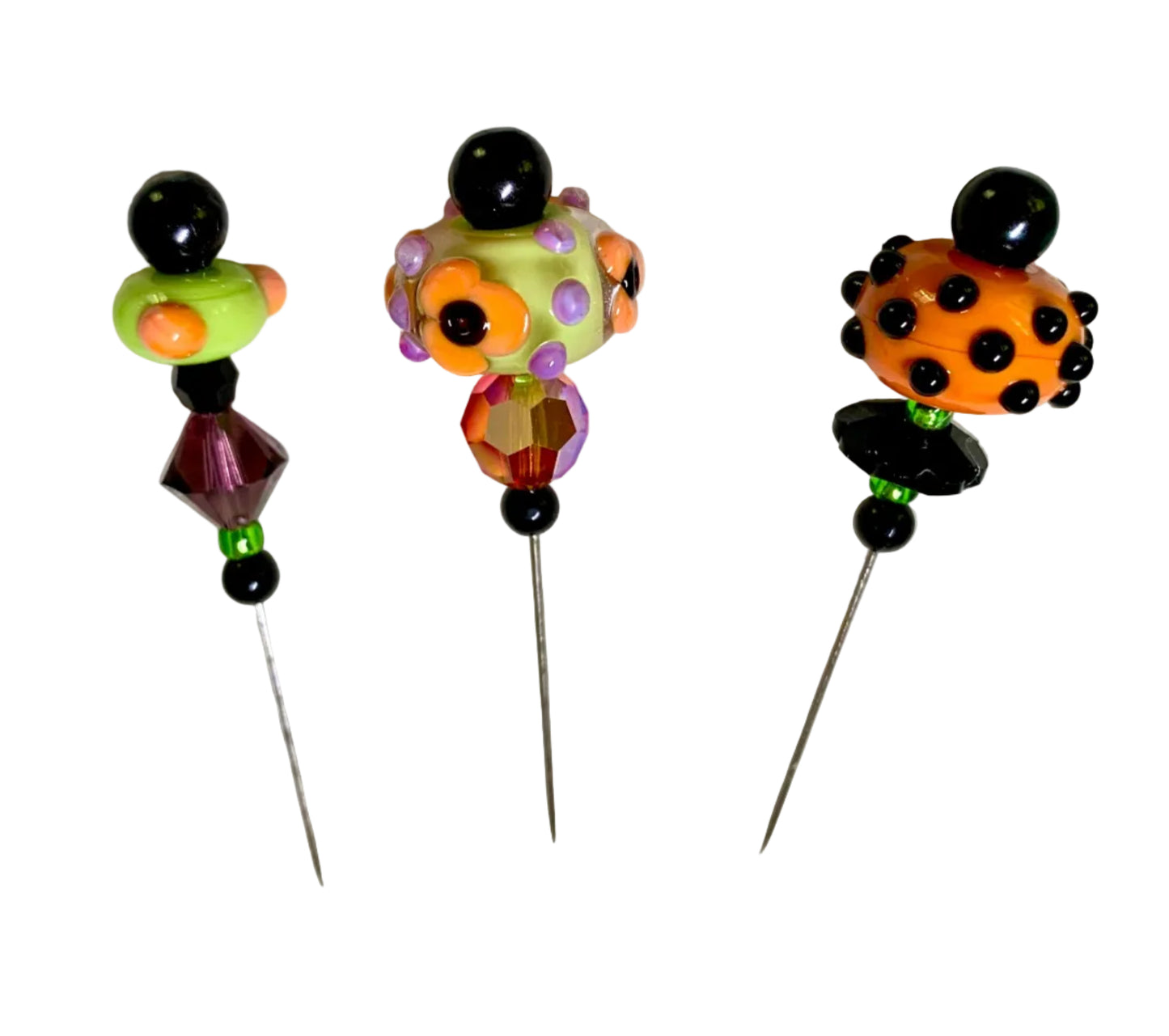 3 Decorative Halloween purple orange black green chacha pins with colorful glass beads on a white background. 
[additional_image_link]