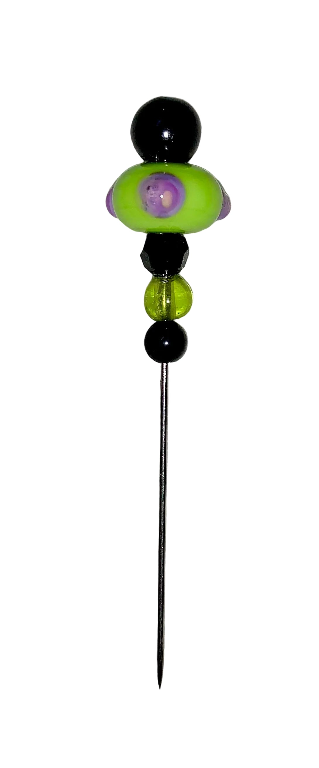 Decorative Halloween purple orange black green flower pin with colorful glass beads on a white background. 
[additional_image_link]