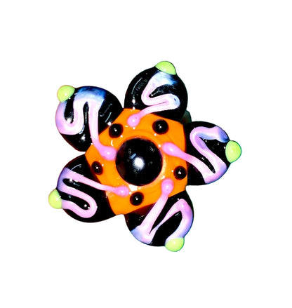 Decorative Halloween purple orange black green flower pin with colorful glass beads on a white background. 
[additional_image_link]