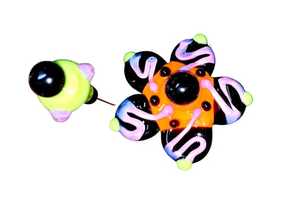 2 Decorative Halloween purple orange black green flower pins with colorful glass beads on a white background. 
[additional_image_link]