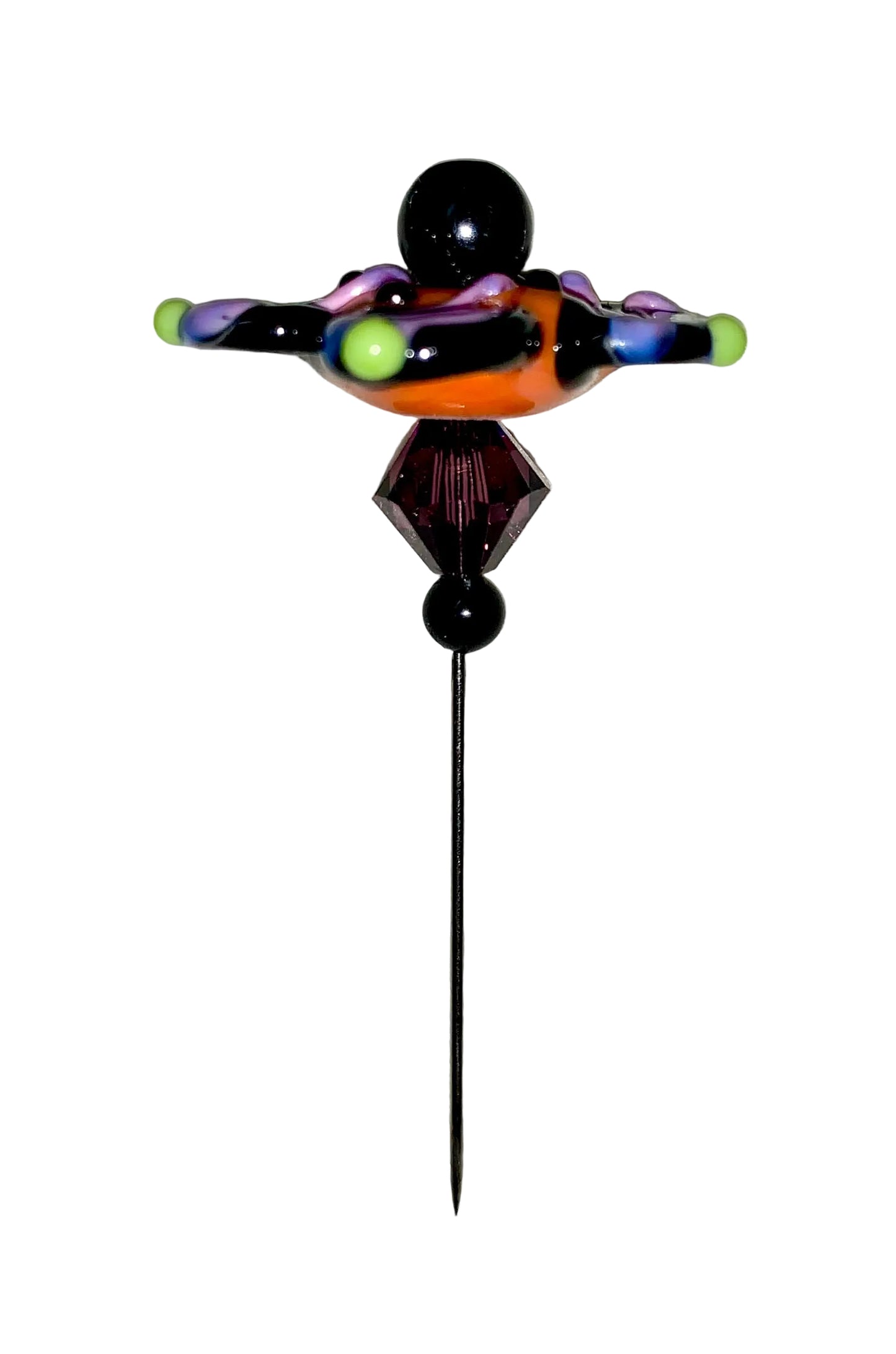 Decorative Halloween purple orange black green flower pin with colorful glass beads on a white background. 
[additional_image_link]