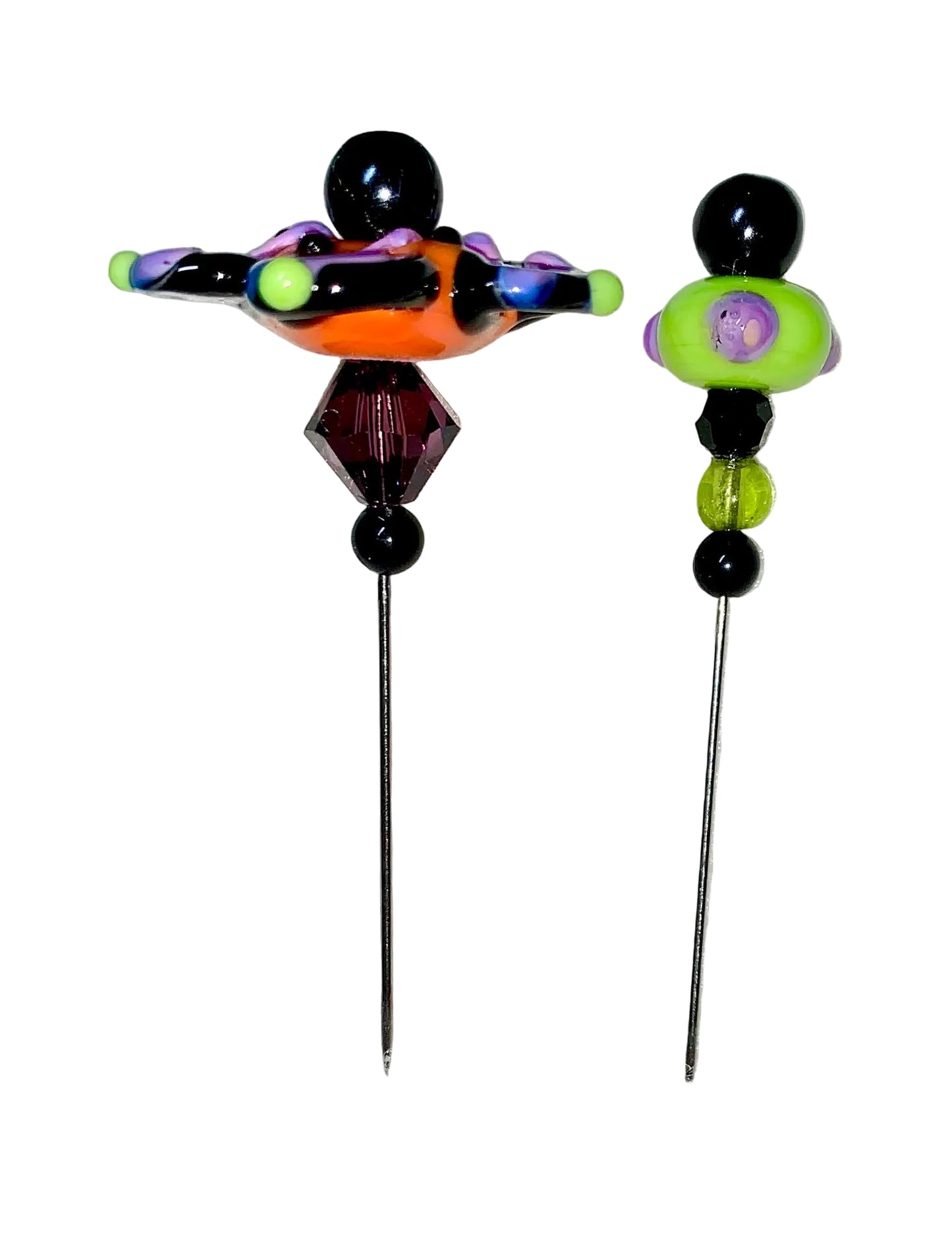 2 Decorative Halloween purple orange black green flower pins with colorful glass beads on a white background. 
[additional_image_link]