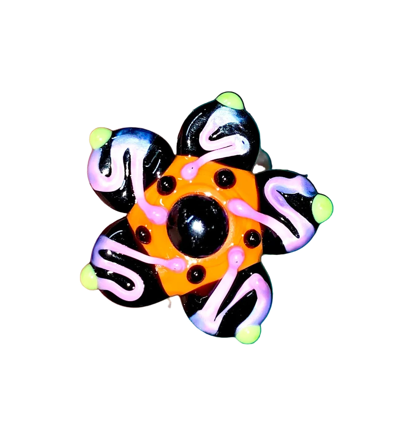 Decorative Halloween purple orange black green flower pin with colorful glass beads on a white background. 
[additional_image_link]
