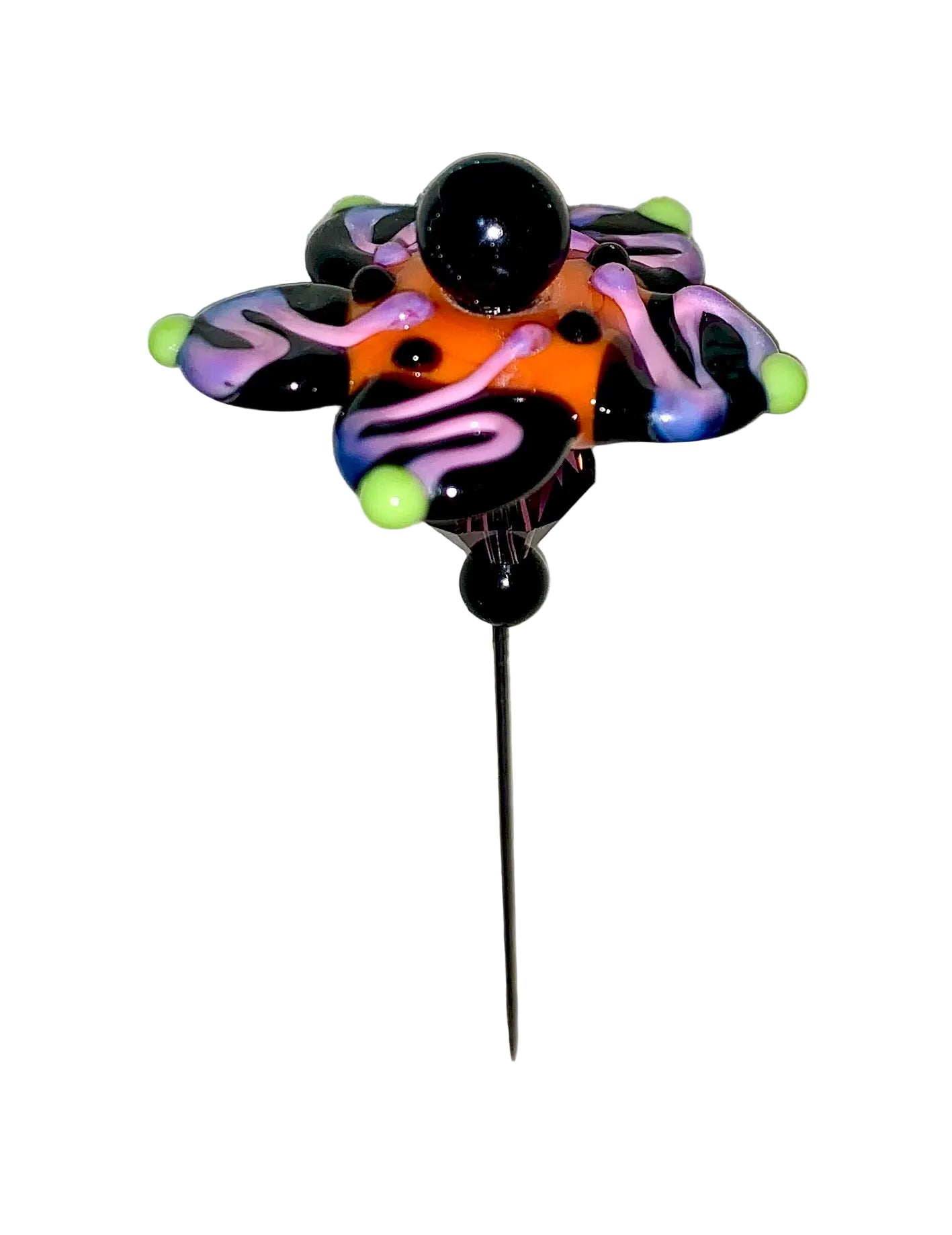 Decorative Halloween purple orange black green flower pin with colorful glass beads on a white background. 
[additional_image_link]