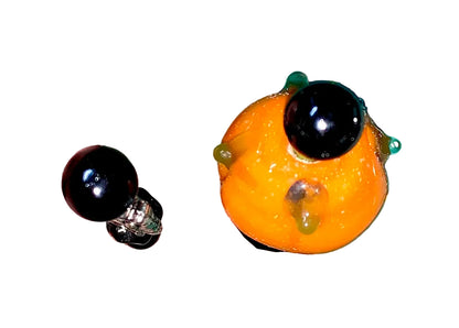 Two decorative  Halloween pins with 1 pumpkin, 1 owl, several green, purple and black glass beads designs on a white background.
[additional_image_link]