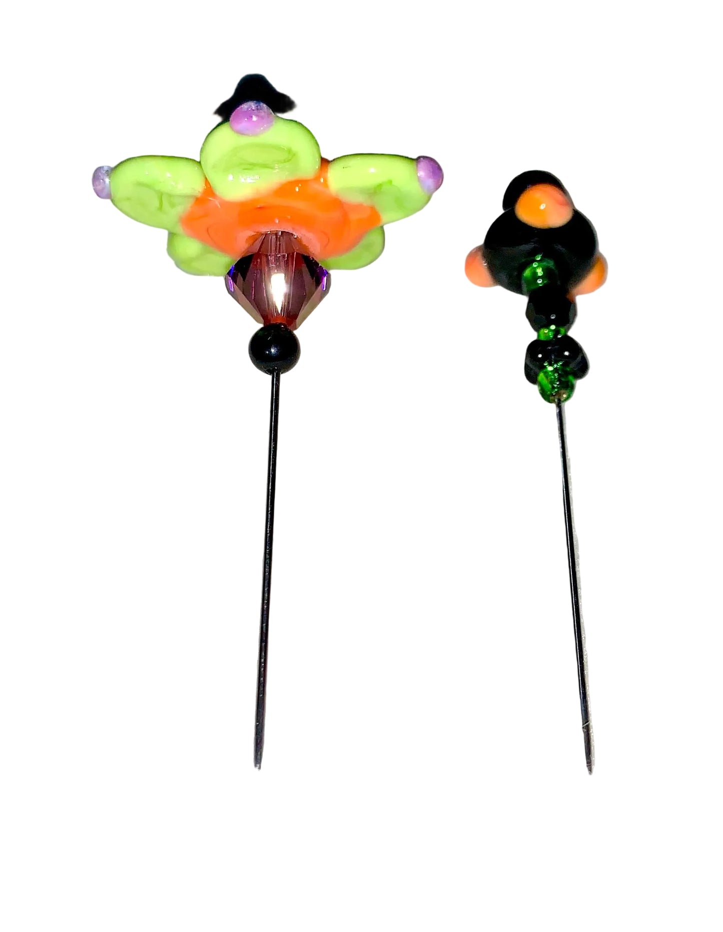 2 Decorative Halloween purple orange black green flower pins with colorful glass beads on a white background. 
[additional_image_link]