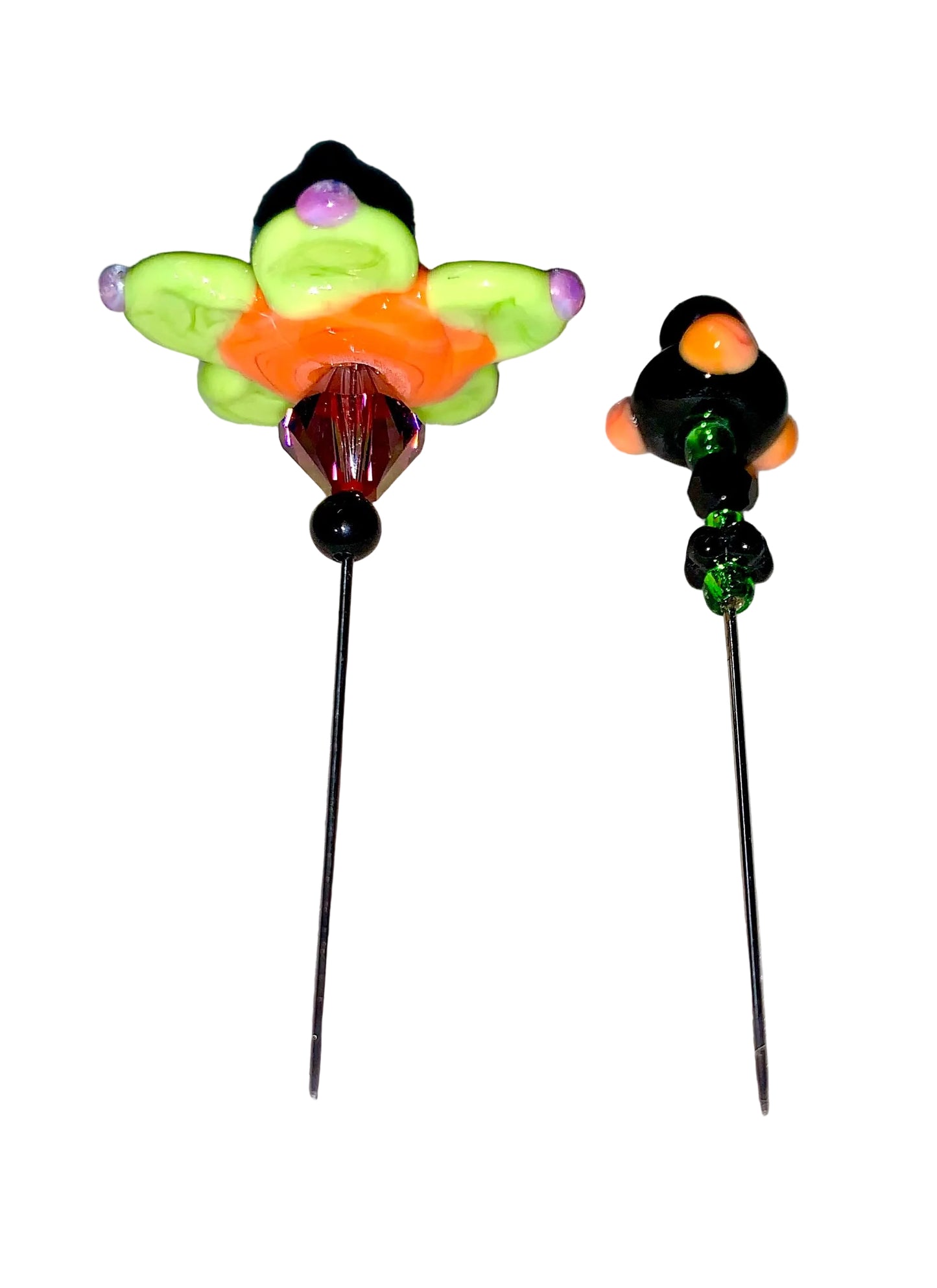 2 Decorative Halloween purple orange black green flower pins with colorful glass beads on a white background. 
[additional_image_link]
