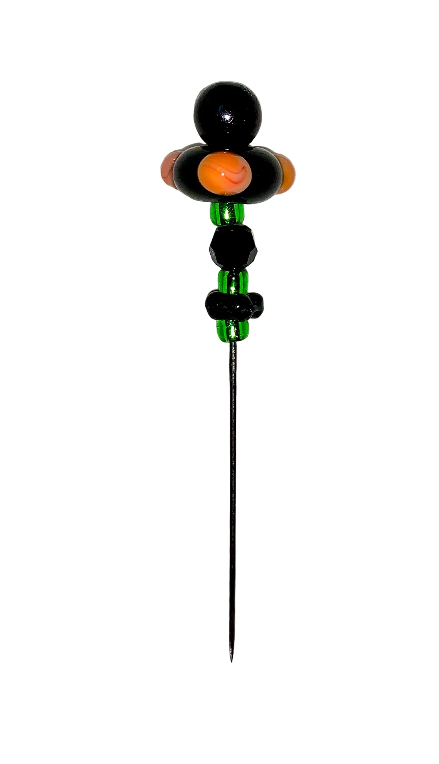 Decorative Halloween purple orange black green flower pin with colorful glass beads on a white background. 
[additional_image_link]