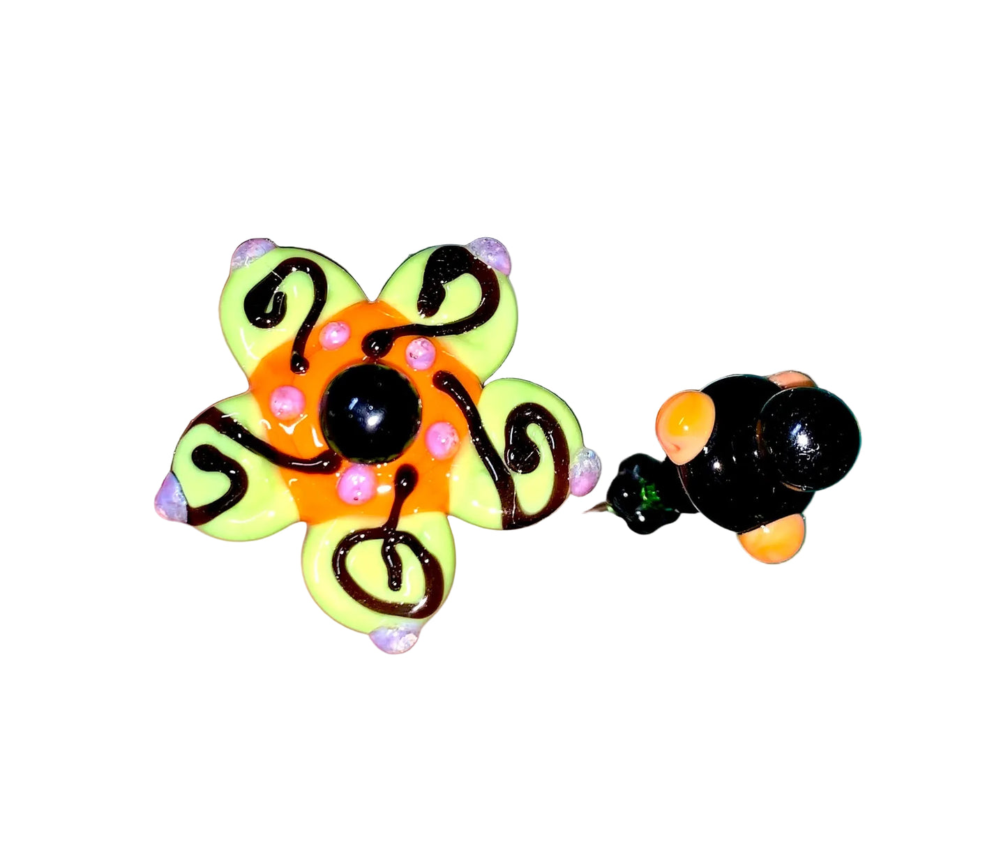 2 Decorative Halloween purple orange black green flower pins with colorful glass beads on a white background. 
[additional_image_link]