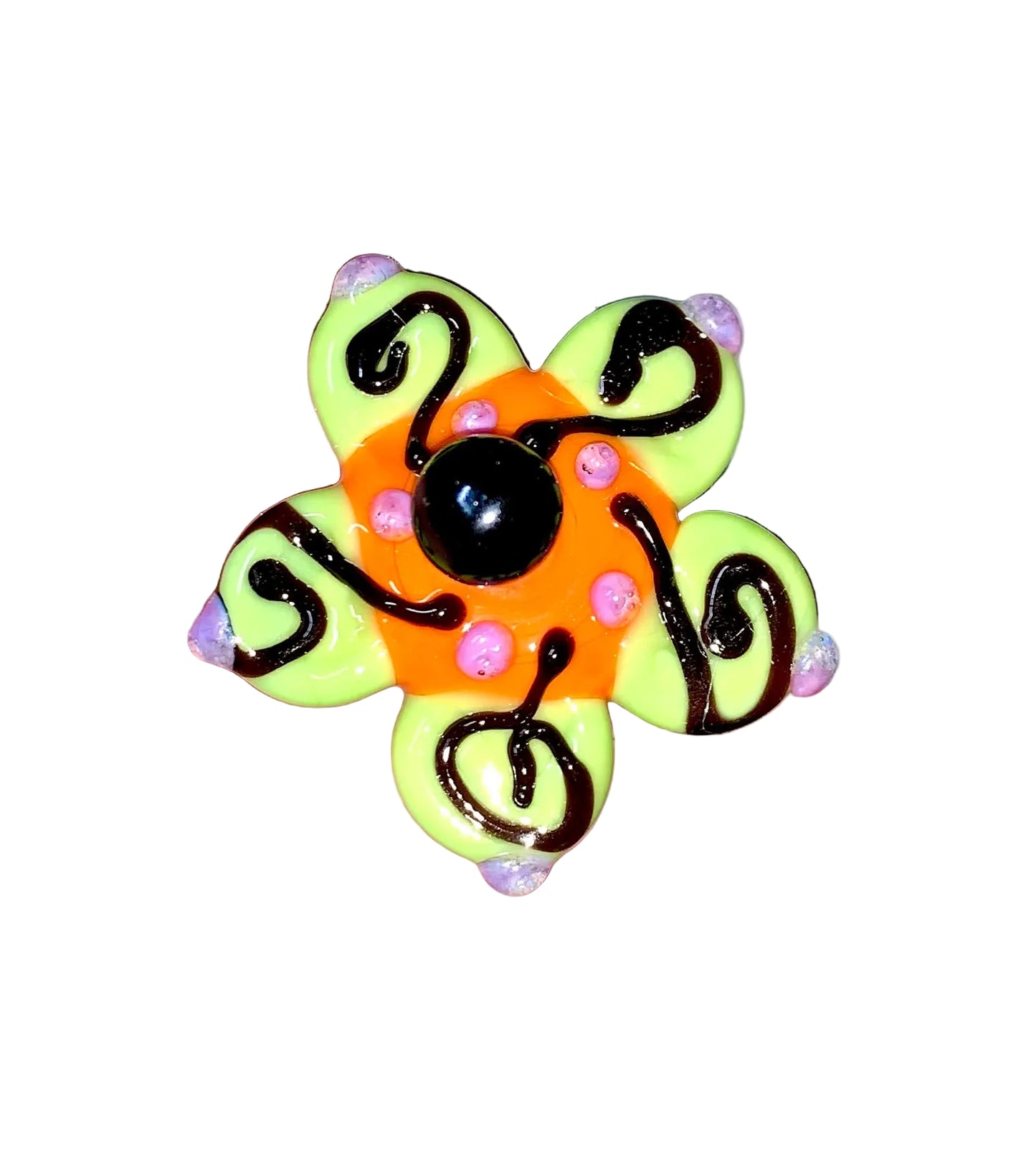 Decorative Halloween purple orange black green flower pin with colorful glass beads on a white background. 
[additional_image_link]