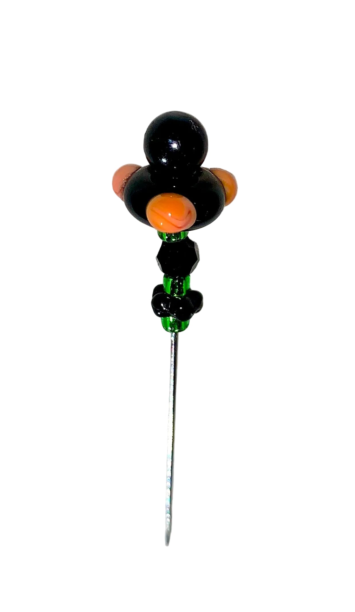 Decorative Halloween purple orange black green flower pin with colorful glass beads on a white background. 
[additional_image_link]