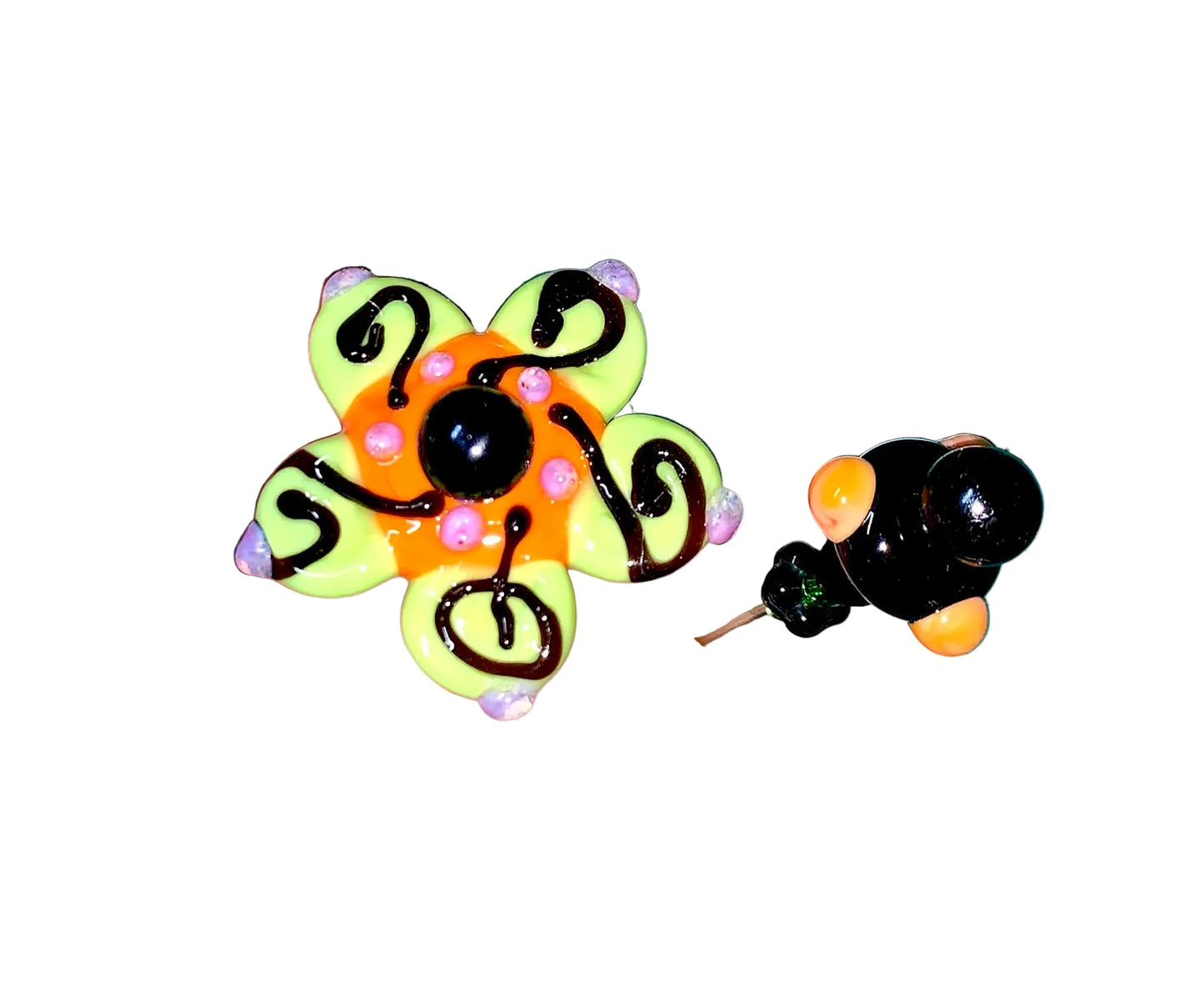 2 Decorative Halloween purple orange black green flower pins with colorful glass beads on a white background. 
[additional_image_link]