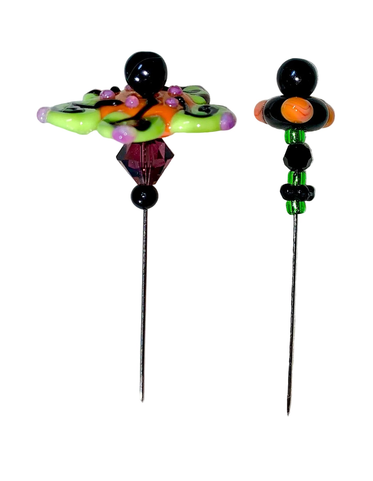2 Decorative Halloween purple orange black green flower pins with colorful glass beads on a white background. 
[additional_image_link]