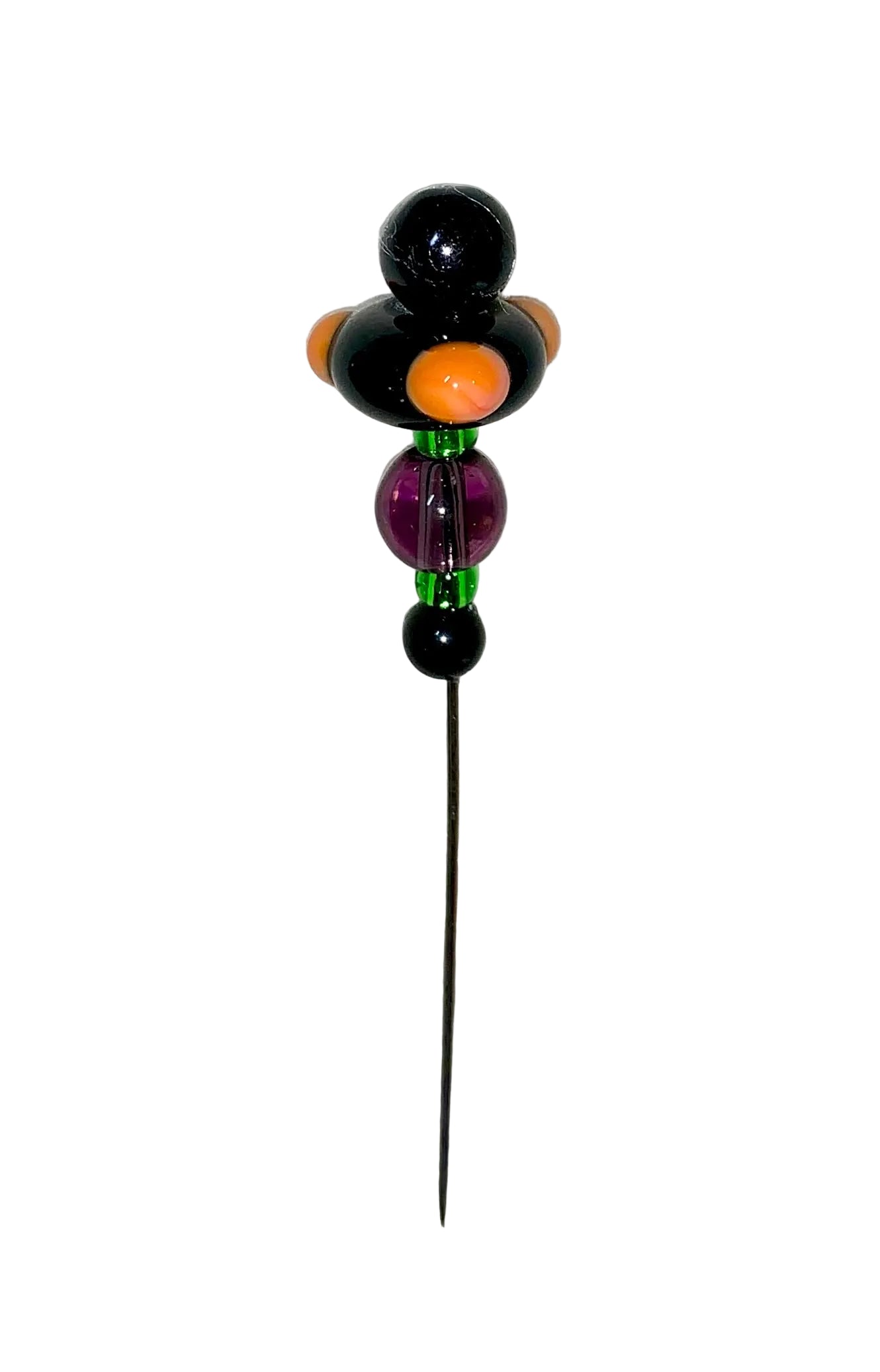 Decorative Halloween purple orange black green flower pin with colorful glass beads on a white background. 
[additional_image_link]