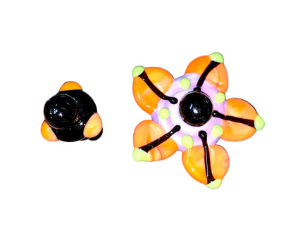 2 Decorative Halloween purple orange black green flower pins with colorful glass beads on a white background. 
[additional_image_link]