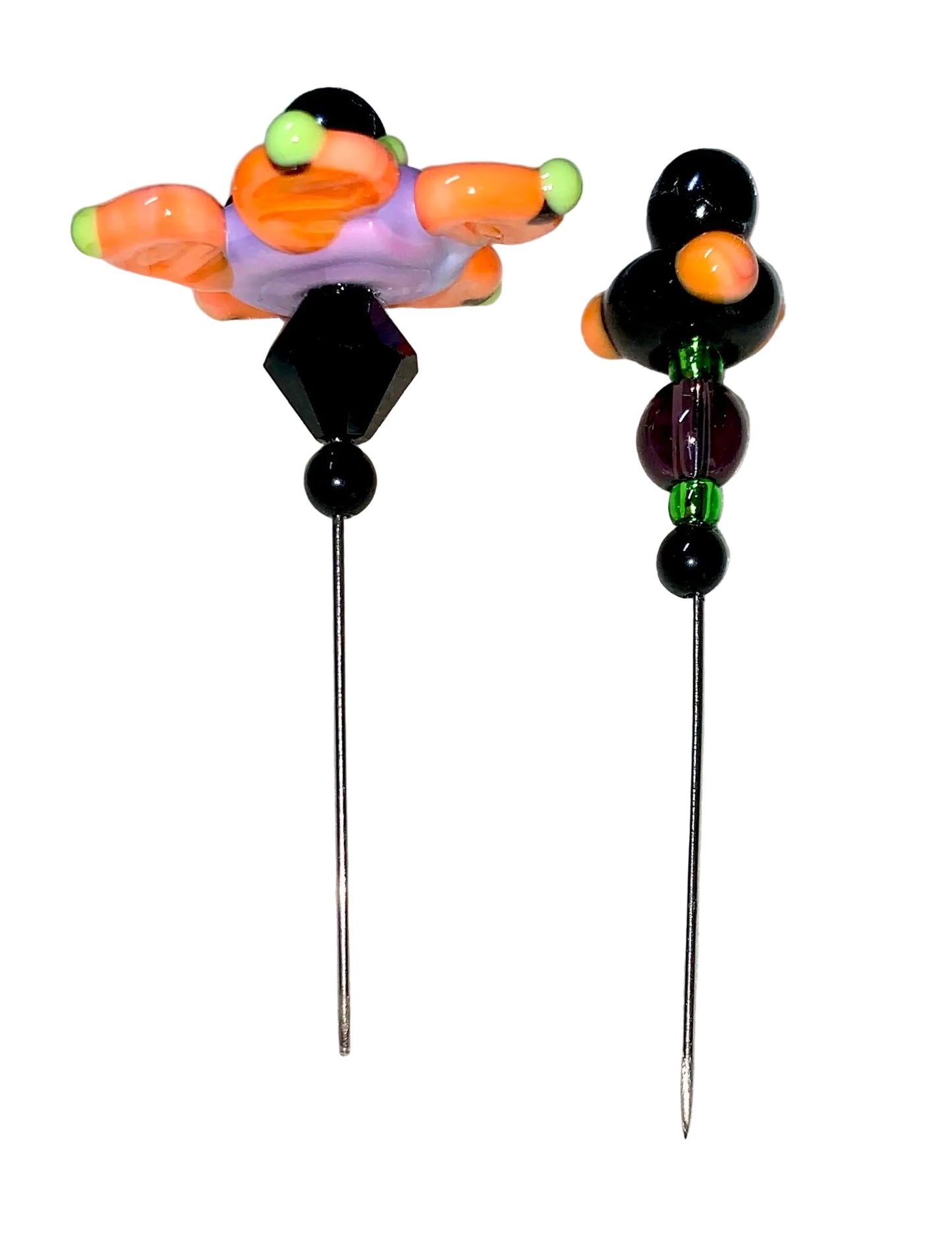 2 Decorative Halloween purple orange black green flower pins with colorful glass beads on a white background. 
[additional_image_link]