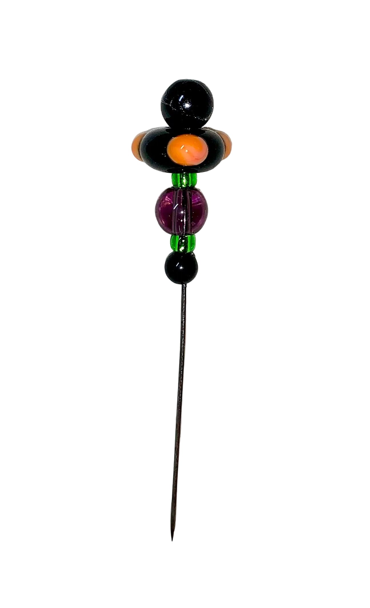 Decorative Halloween purple orange black green flower pin with colorful glass beads on a white background. 
[additional_image_link]