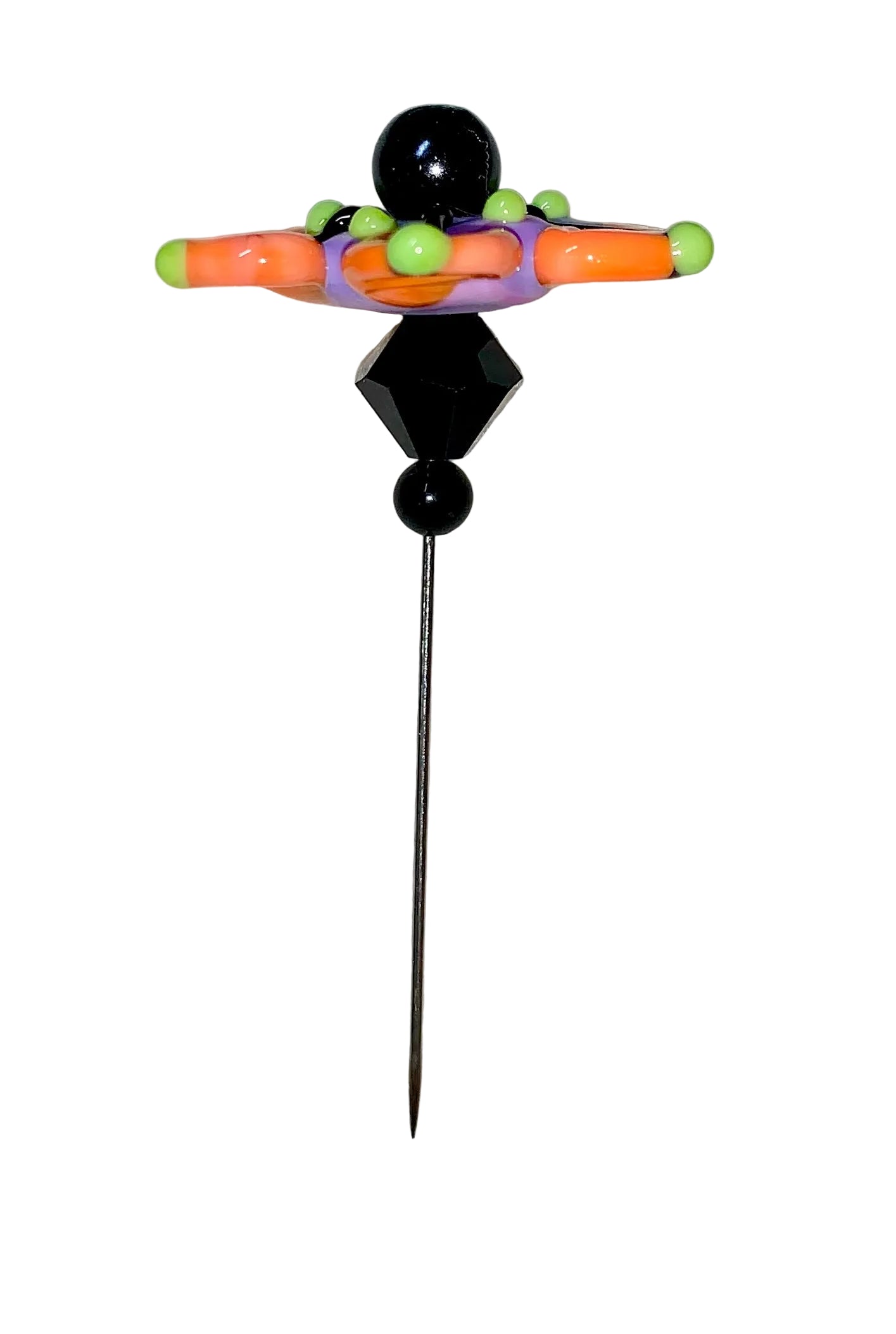 Decorative Halloween purple orange black green flower pin with colorful glass beads on a white background. 
[additional_image_link]