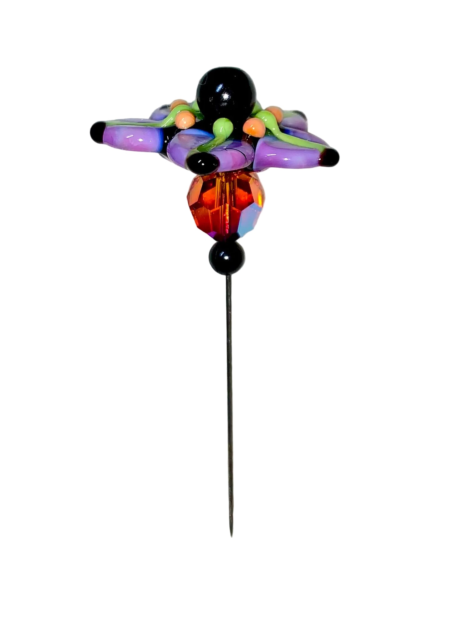 Decorative Halloween purple orange black green flower pin with colorful glass beads on a white background. 
[image_link]