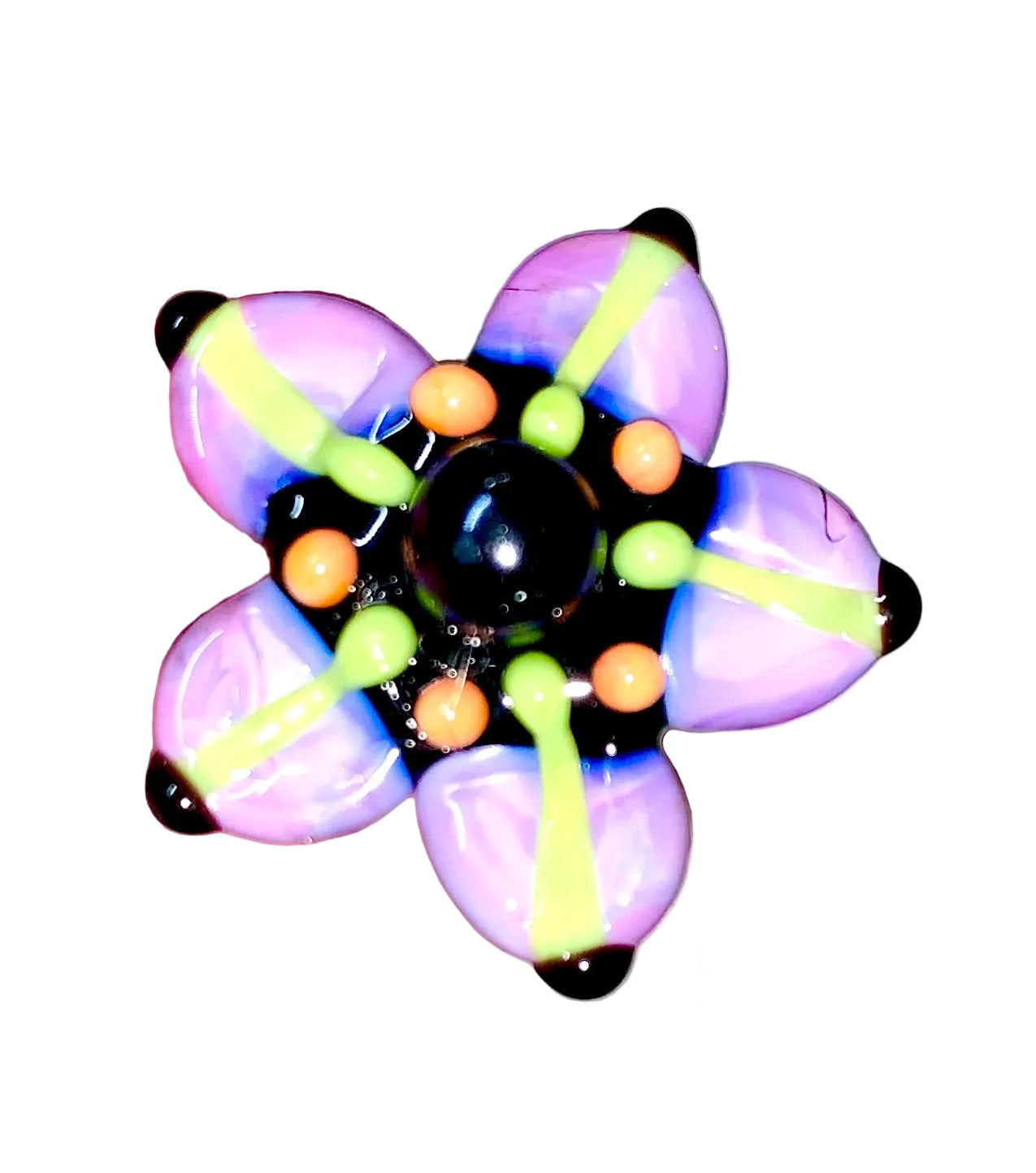 Decorative Halloween purple orange black green flower pin with colorful glass beads on a white background. 
[additional_image_link]