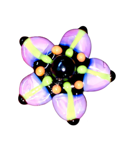 Decorative Halloween purple orange black green flower pin with colorful glass beads on a white background. 
[additional_image_link]