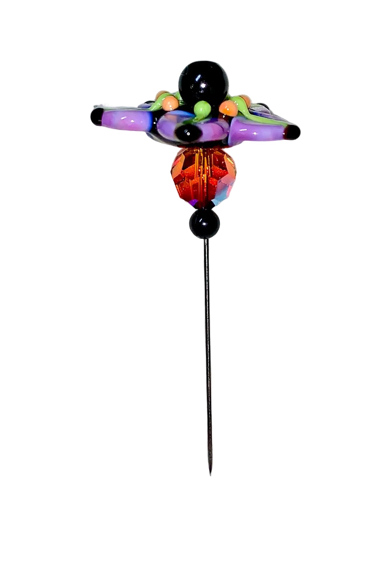 Decorative Halloween purple orange black green flower pin with colorful glass beads on a white background. 
[additional_image_link]