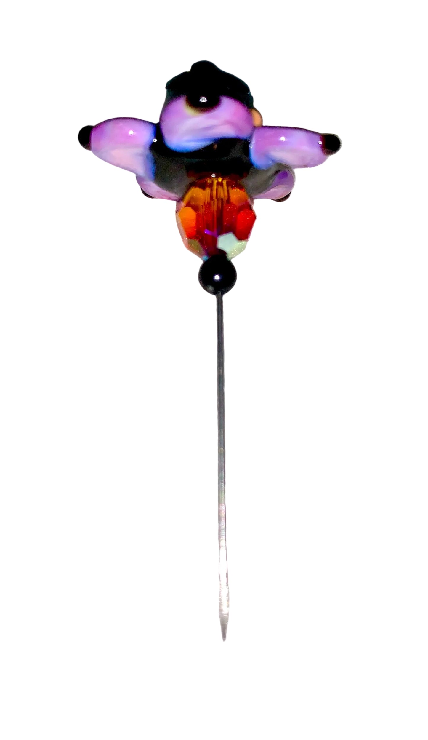 Decorative Halloween purple orange black green flower pin with colorful glass beads on a white background. 
[additional_image_link]