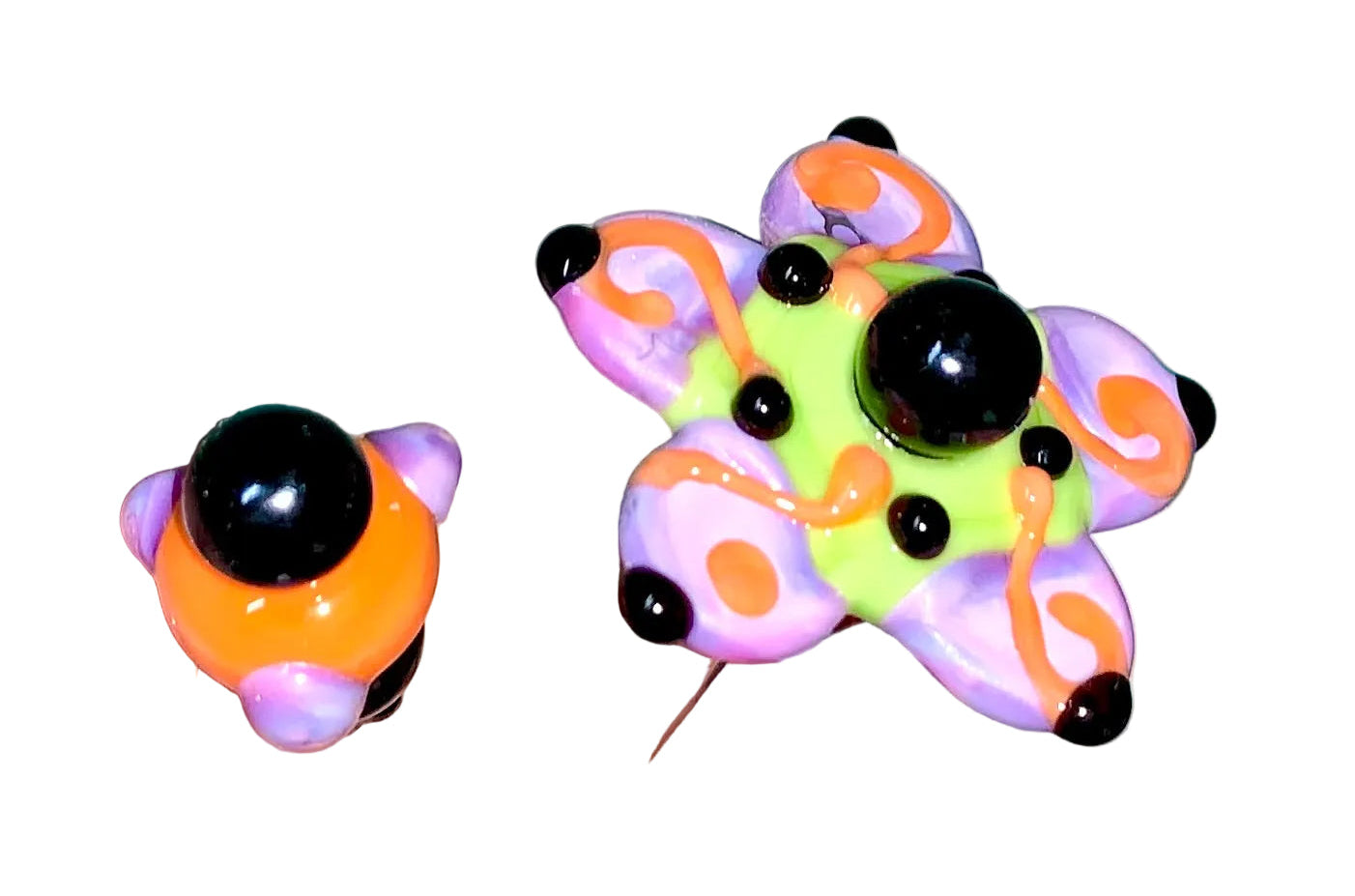 2 Decorative Halloween purple orange black green flower pins with colorful glass beads on a white background. 
[additional_image_link]