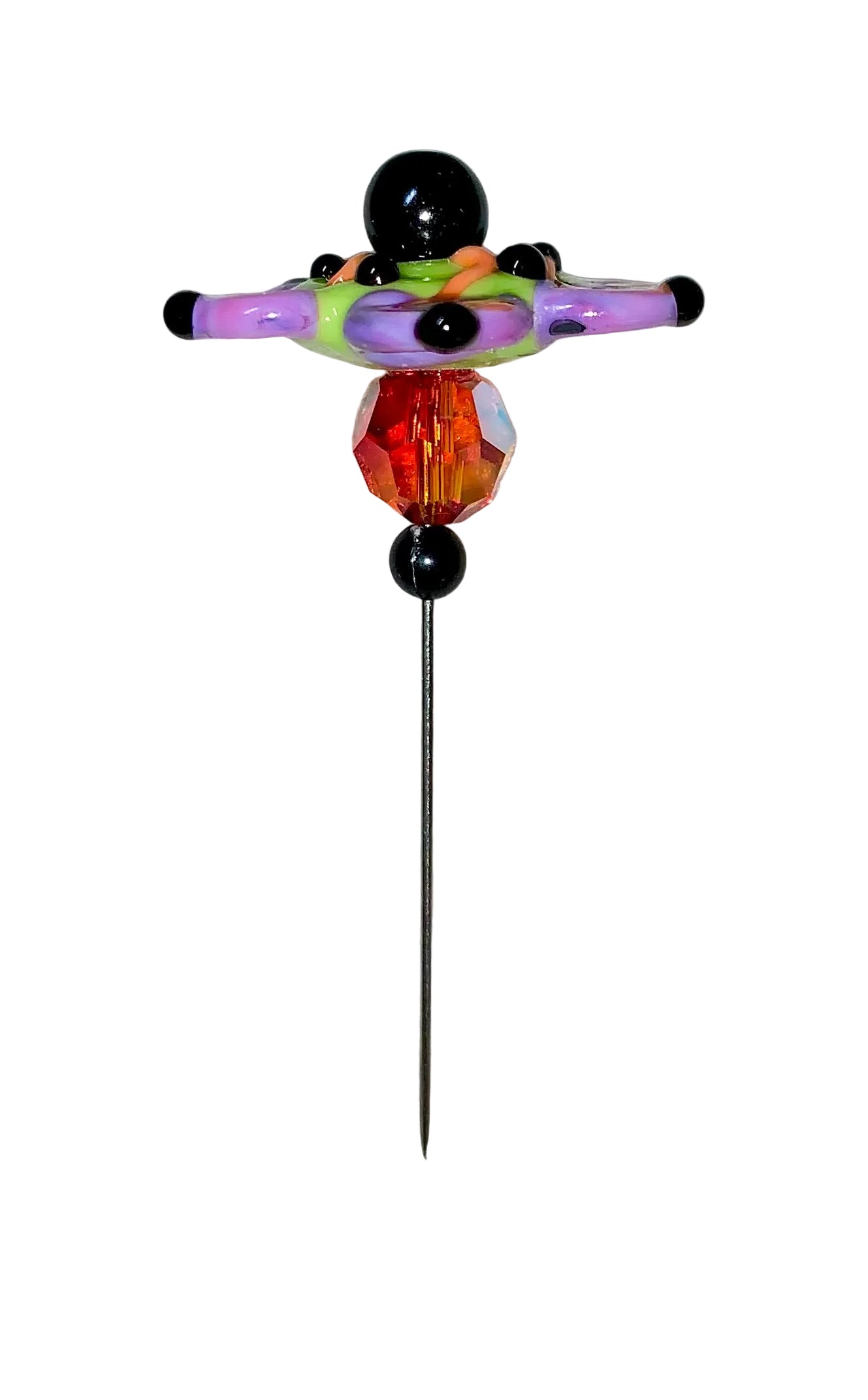 Decorative Halloween purple orange black green flower pin with colorful glass beads on a white background. 
[additional_image_link]