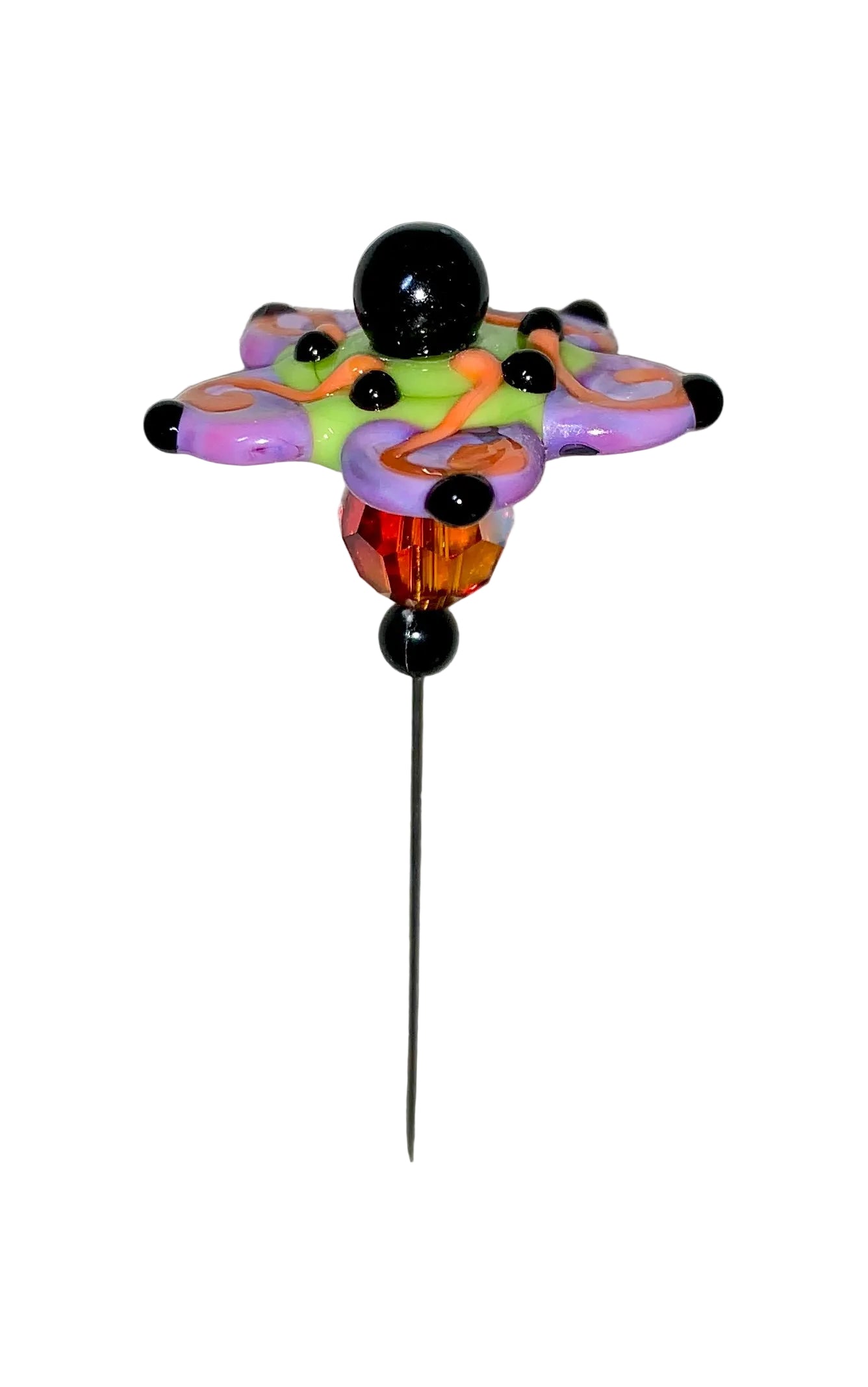 Decorative Halloween purple orange black green flower pin with colorful glass beads on a white background. 
[additional_image_link]