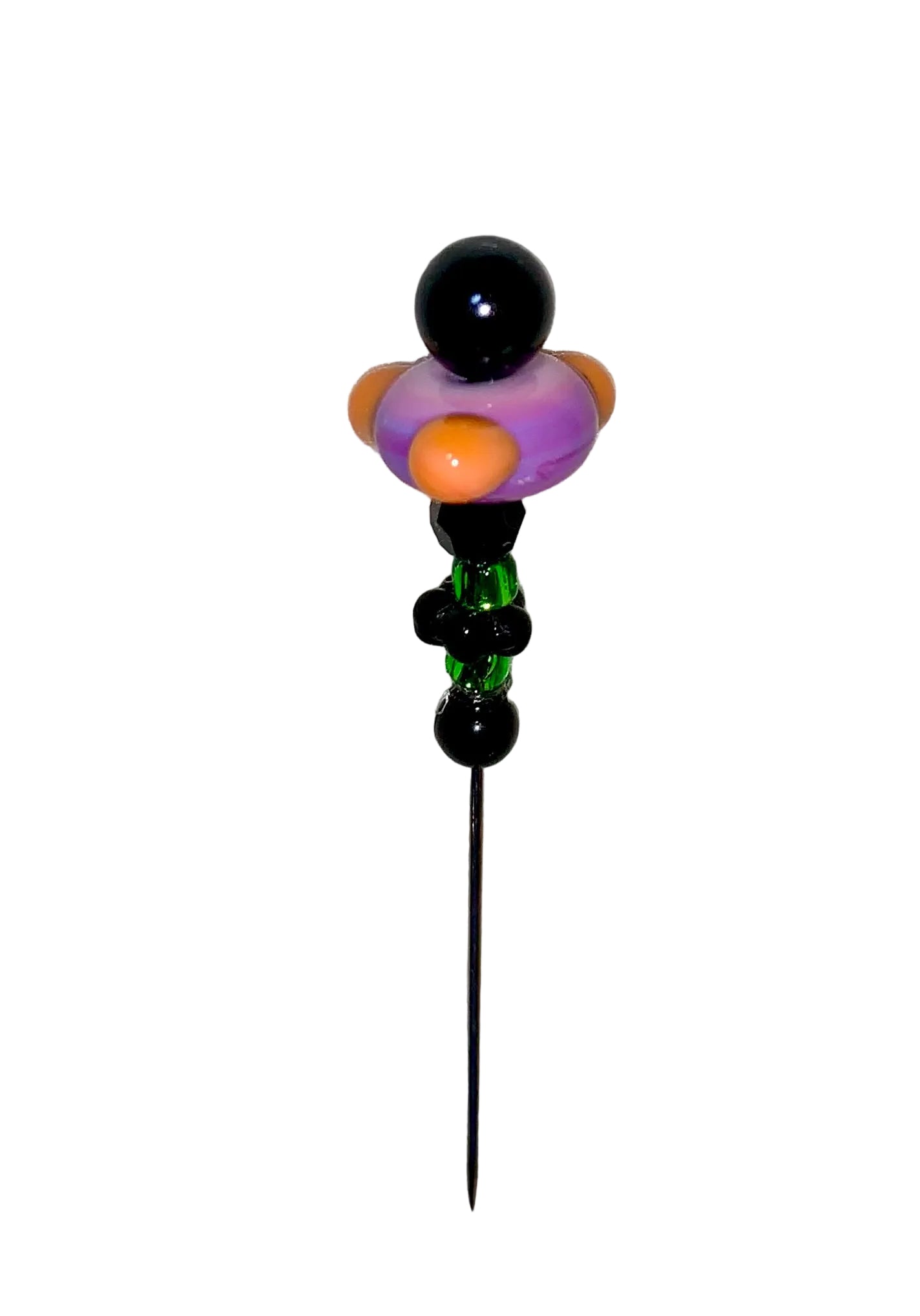 Decorative Halloween purple orange black green flower pin with colorful glass beads on a white background. 
[additional_image_link]