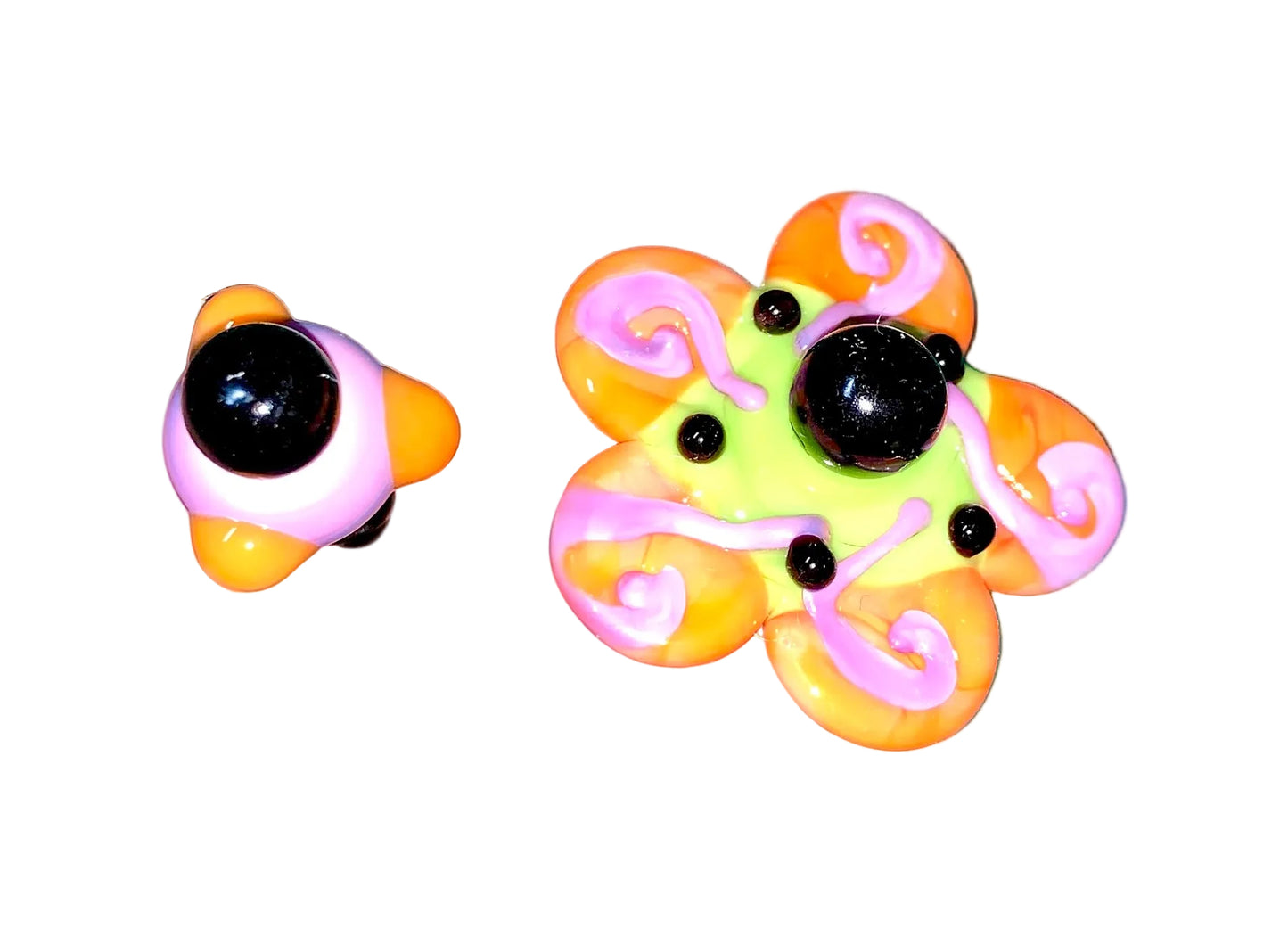 2 Decorative Halloween purple orange black green flower pins with colorful glass beads on a white background. 
[additional_image_link]