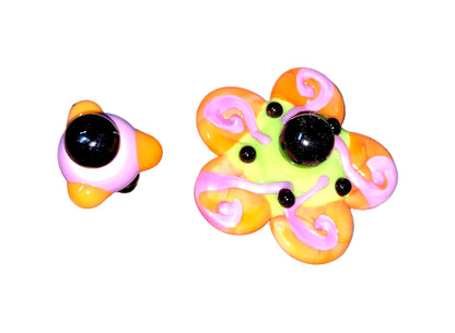 2 Decorative Halloween purple orange black green flower pins with colorful glass beads on a white background. 
[additional_image_link]