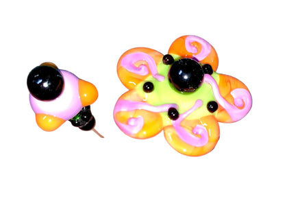 2 Decorative Halloween purple orange black green flower pins with colorful glass beads on a white background. 
[additional_image_link]