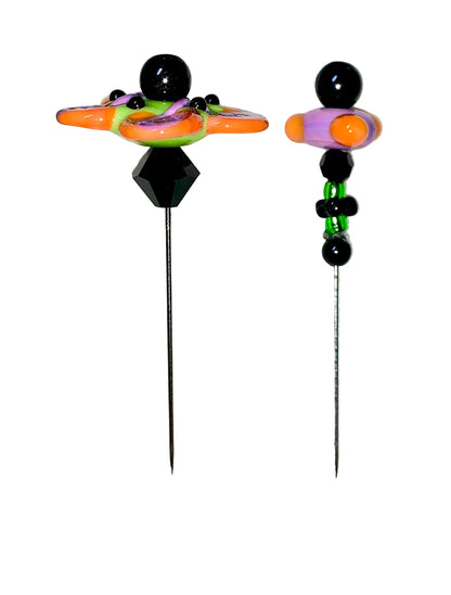 2 Decorative Halloween purple orange black green flower pins with colorful glass beads on a white background. 
[additional_image_link]