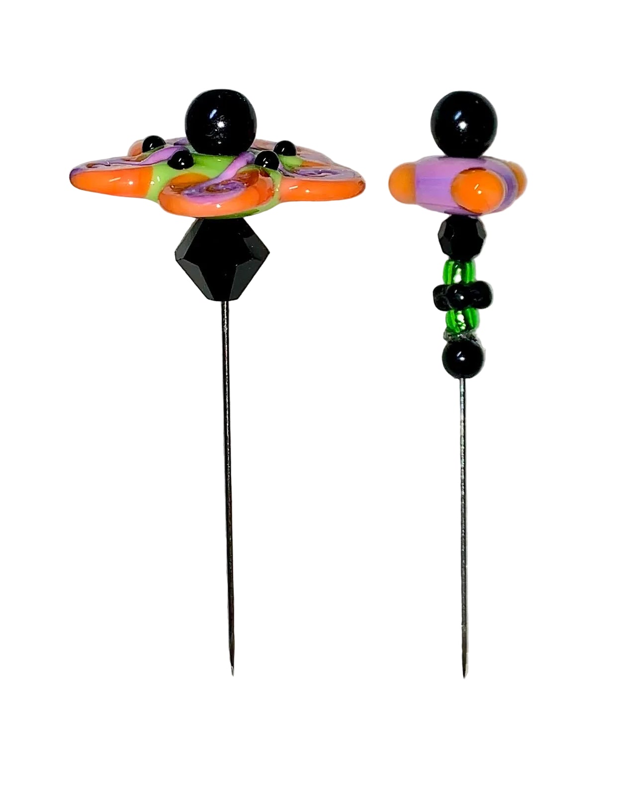 2 Decorative Halloween purple orange black green flower pins with colorful glass beads on a white background. 
[additional_image_link]