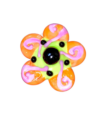 Decorative Halloween purple orange black green flower pin with colorful glass beads on a white background. 
[additional_image_link]