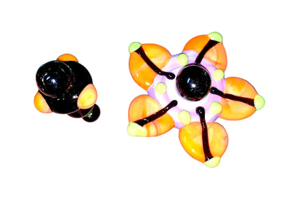 2 Decorative Halloween purple orange black green flower pins with colorful glass beads on a white background. 
[additional_image_link]