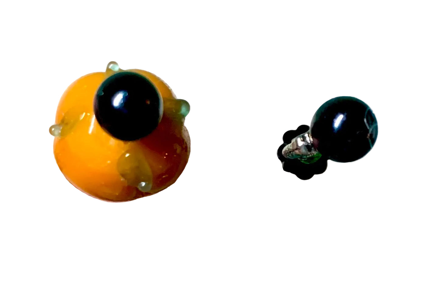 Two decorative  Halloween pins with pumpkin, owl, several green and black glass beads designs on a white background.
[additional_image_link]