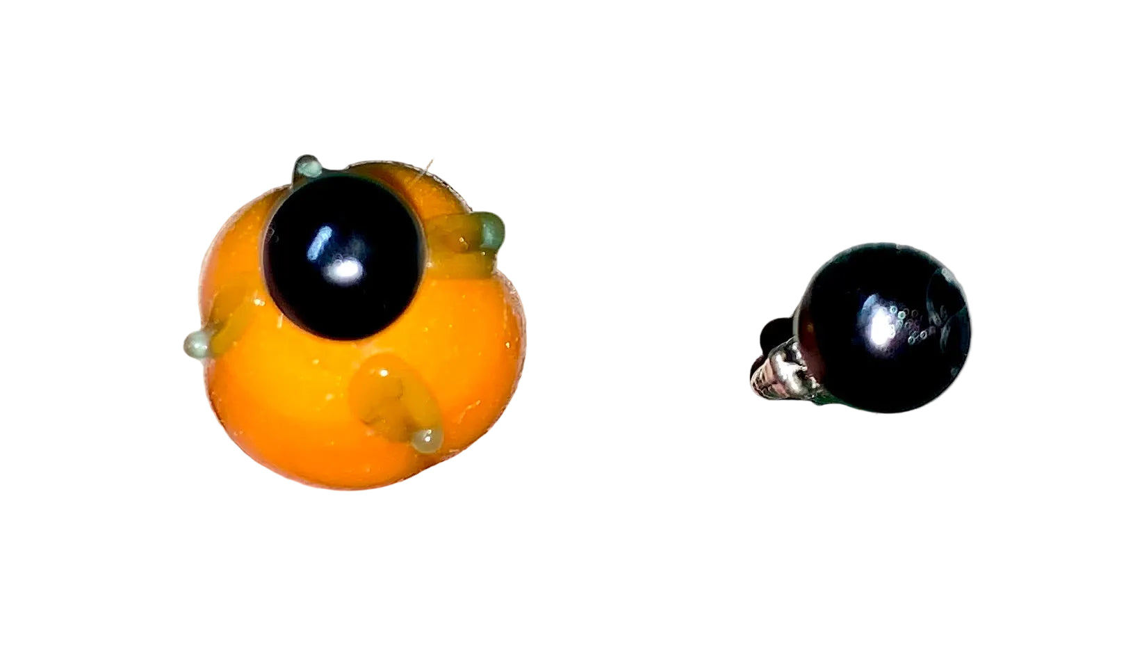 Two decorative  Halloween pins with pumpkin, owl, several green and black glass beads designs on a white background.
[additional_image_link]