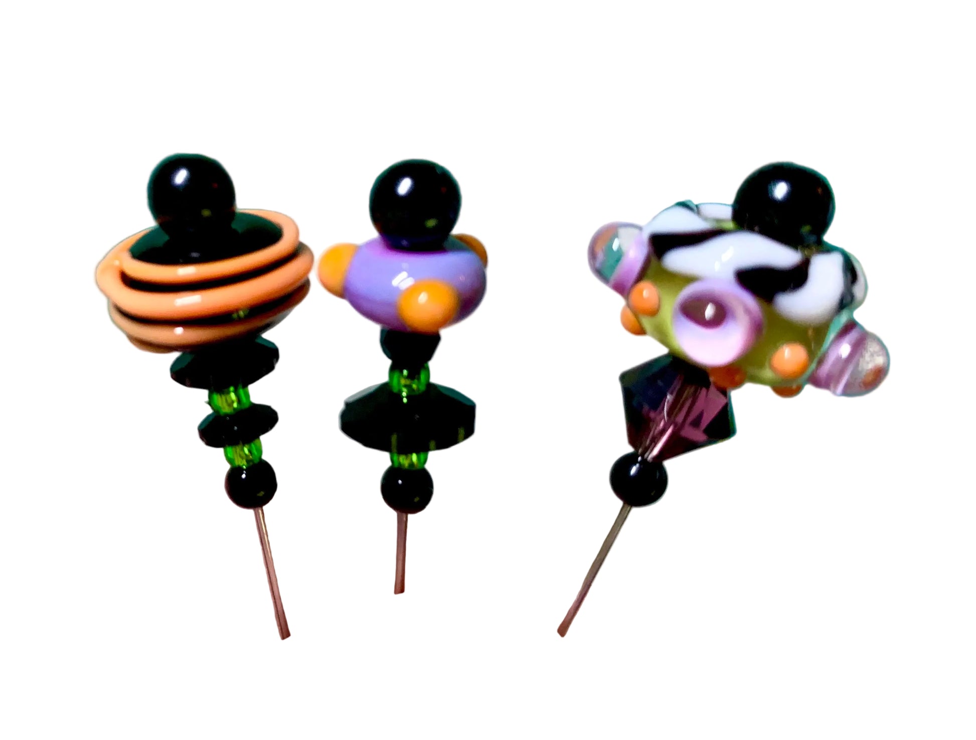 3 Decorative Halloween purple orange black green chacha pins with colorful glass beads on a white background. 
[additional_image_link]